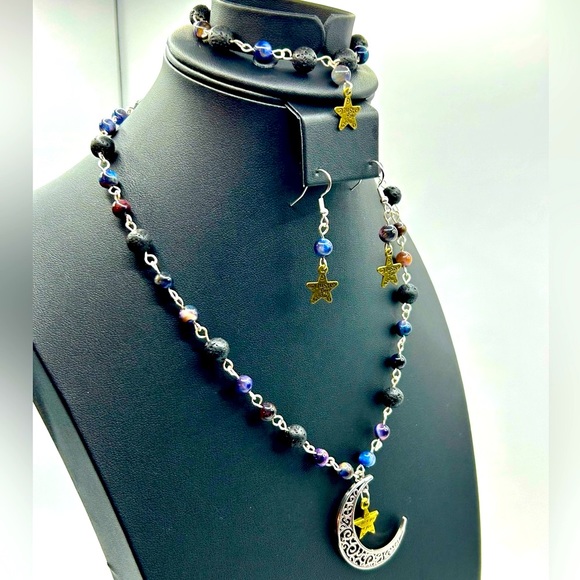 Handmade Moon & Star Necklace Set with Natural Tiger Eye and Lava Rock Stones! - Picture 3 of 13
